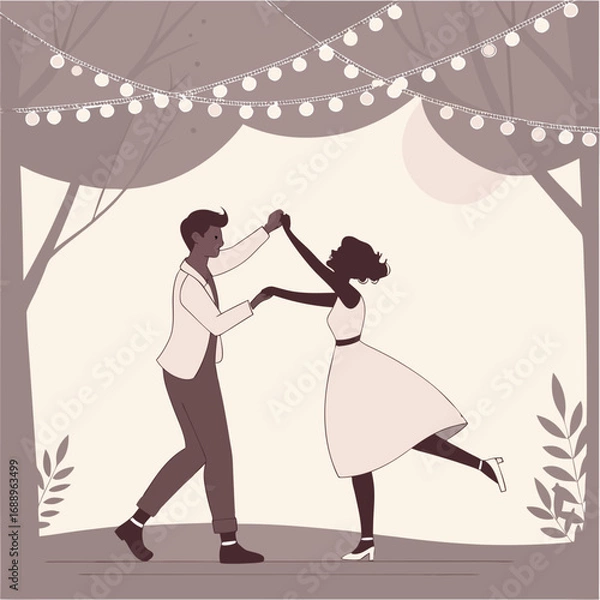 Fototapeta Silhouette Couple Dancing Under String Lights at Night