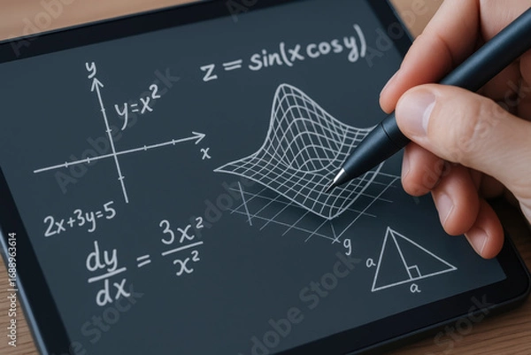 Fototapeta Handwriting mathematics on tablet with calculus graph engineering education innovation inspiring learning