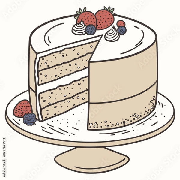 Fototapeta Three Layered Vanilla Cake with Berries and Whipped Cream