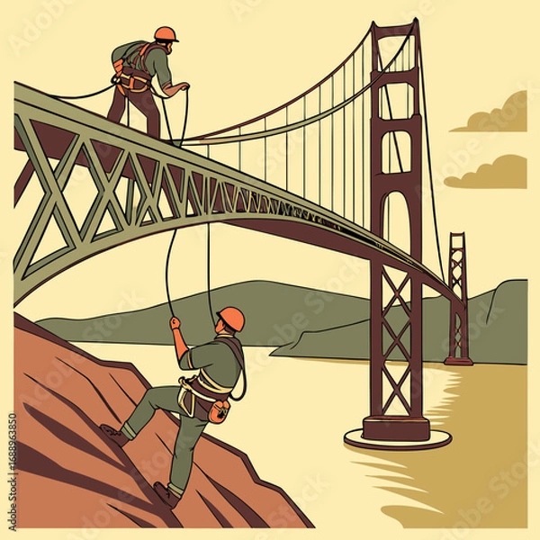 Fototapeta Two Construction Workers Rappelling and Working on a Suspension Bridge