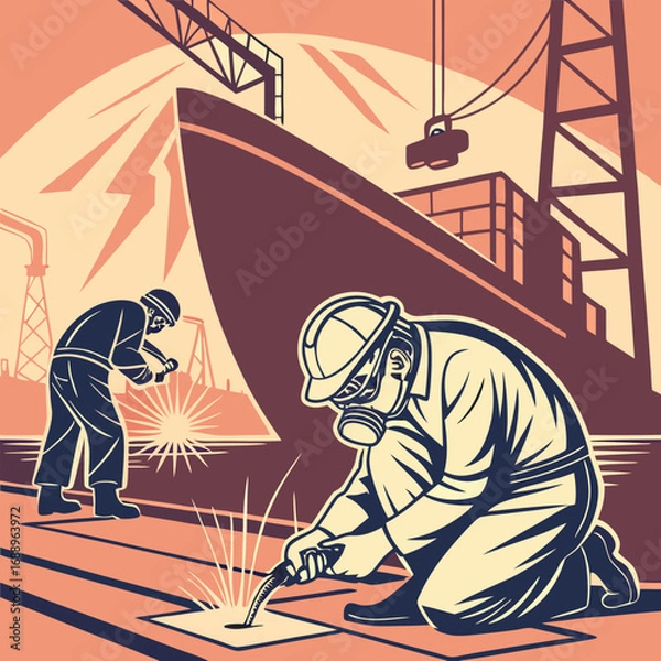 Fototapeta Two Welders Working on a Ship at a Dock