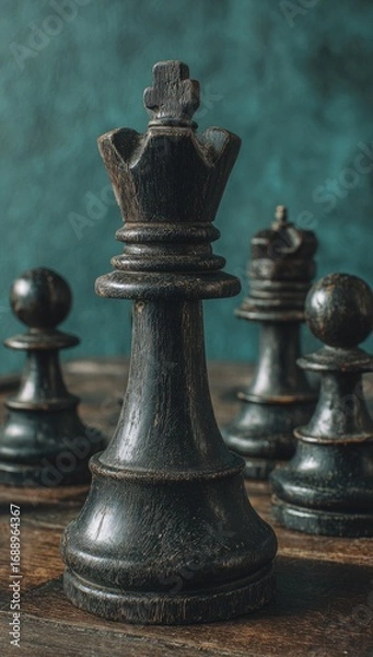 Obraz A close-up view of a dark, antique wooden chess queen, showcasing intricate details and a rich, vintage aesthetic.