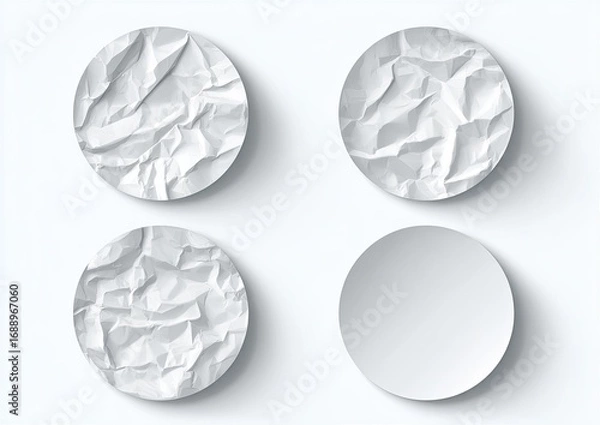 Fototapeta Four circular paper shapes.  Crinkled, textured circles, one smooth circle.  Flat, digital graphic design
