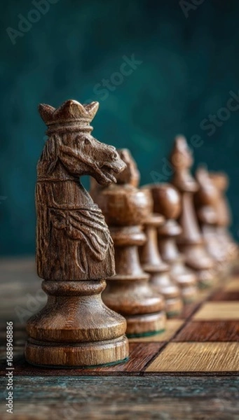 Obraz Close-up of a meticulously carved wooden chess knight piece, showcasing intricate details and rich brown tones against a deep teal backdrop.
