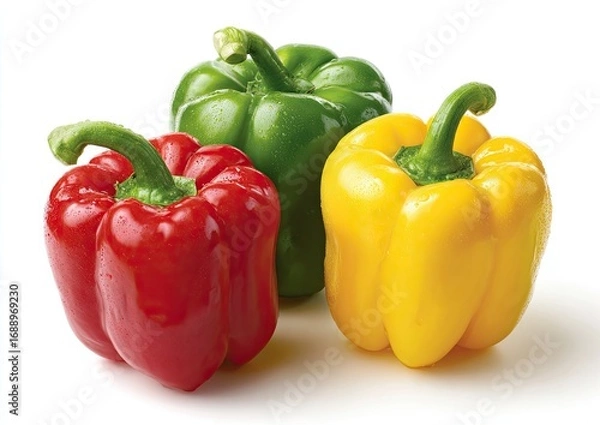 Fototapeta Three colorful bell peppers, red, green, and yellow, arranged in a slightly overlapping group, glossy surfaces, and stems, against a white background