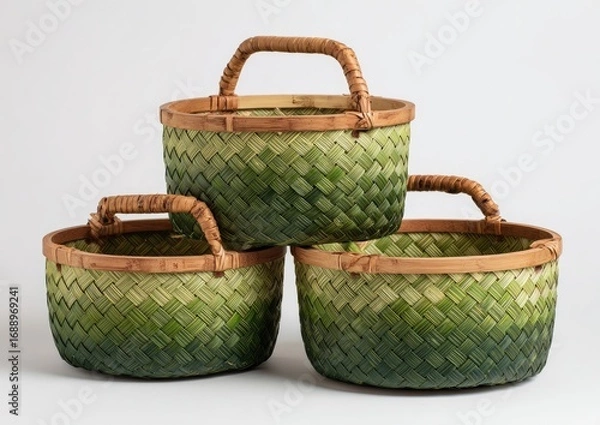Fototapeta Three round woven baskets, stacked.  The baskets are a gradient of light to dark green, with light brown handles