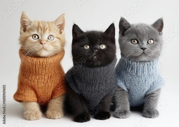 Fototapeta Three adorable kittens, each wearing a cozy knit sweater, sit in a row against a plain white background.  They gaze intently forward with large eyes