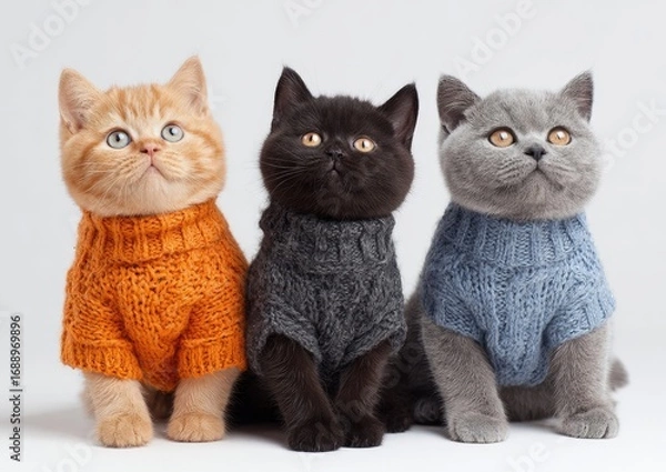 Fototapeta Three adorable kittens, wearing cozy sweaters, pose in a row against a plain background