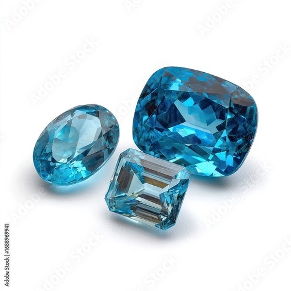 Fototapeta Three vibrant, faceted gemstones, shades of azure blue, displayed against a pure white background
