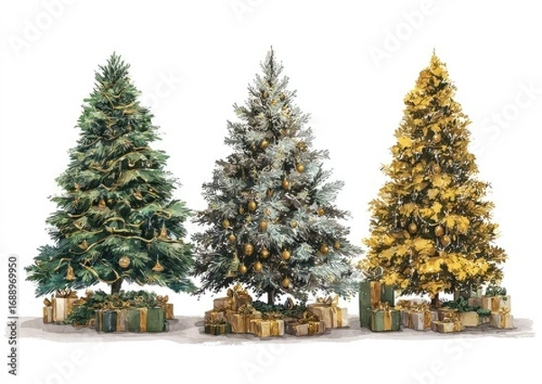 Fototapeta Three Christmas trees, variations in color, adorned with ornaments and gifts