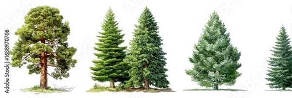 Fototapeta Four different types of coniferous trees,  isolated against a white background.  Various shades of green needles, distinct shapes and sizes
