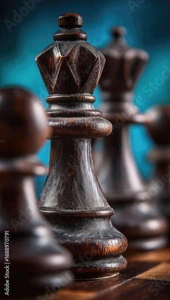 Obraz Close-up view of a dark-hued wooden chess queen, showcasing intricate carvings and textures.