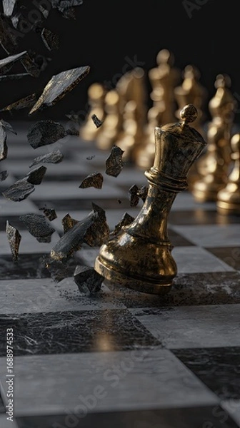 Obraz A golden chess queen stands amidst shattered pieces of a  board, symbolizing triumph over adversity and strategic victory.