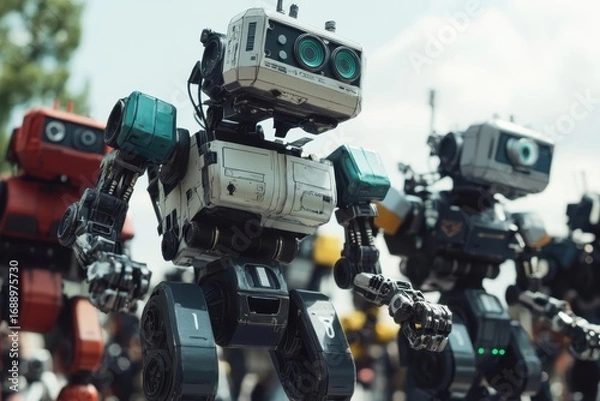 Fototapeta Robots parading at an outdoor tech festival showcasing innovative designs and advanced technology