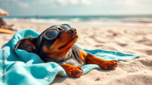 Fototapeta Dog in sunglasses lies on beach sunbathing in sun trying to relax nervous fussing. Guilt while on holiday workaholic on vacation. Dachshund puppy sand towel resting. Restart burnout