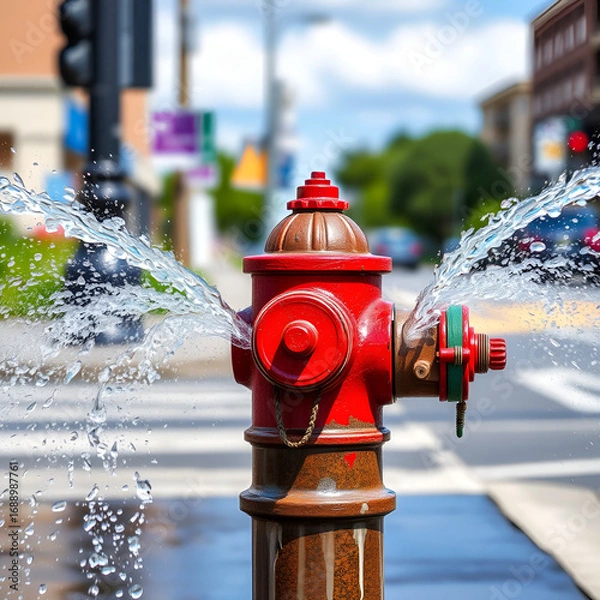 Fototapeta a city fire hydrant opened and spewing water in two directions on a summer day