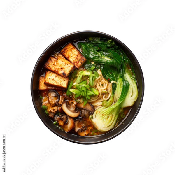 Fototapeta Delicious Vegan Ramen Bowl with Tofu, Mushrooms, and Bok Choy