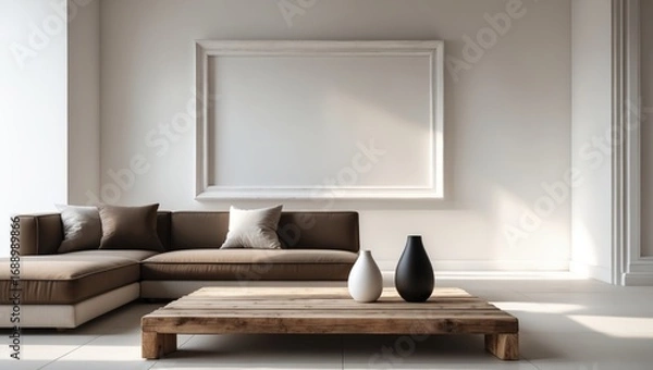 Fototapeta Modern living room with a brown sectional sofa, white and brown cushions, a rustic wooden coffee table, and minimalistic decor with natural light.