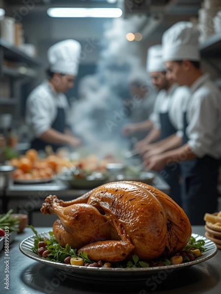 Fototapeta A blurred kitchen brigade is in the background with a cooked turkey in the foreground