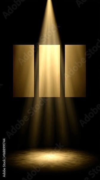 Obraz Three golden spotlights illuminate a dark stage, highlighting empty display panels.