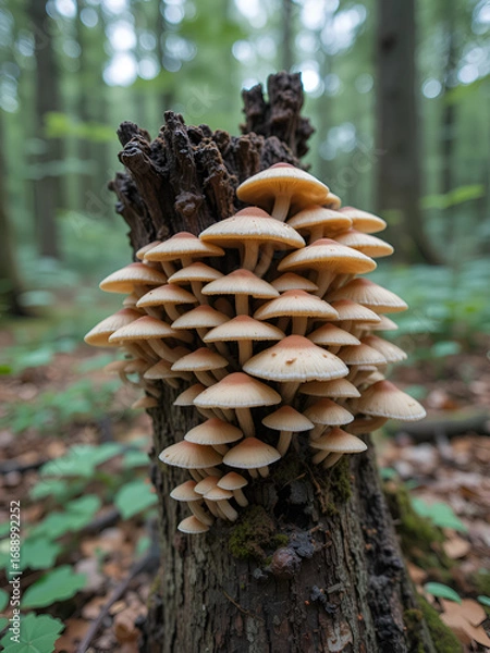 Fototapeta A colony of mushrooms grows from a rotten snag in the forest. Defocused background. Forest background. Close-up.