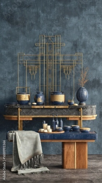 Obraz A stylish, modern interior scene showcases a dark-toned vanity with decorative accents, a luxurious grey throw, and sophisticated gold-framed architectural detailing.