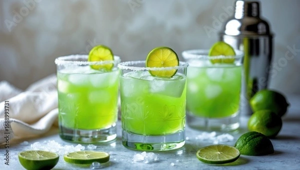 Fototapeta Fresh green lime cocktails with salted rims, lime slices, and limes in the background. Refreshing beverage, bar setting, and garnishes.