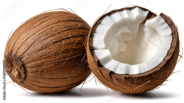 Fototapeta A whole brown coconut with a rough fibrous husk showcasing its natural texture isolated on transparent background