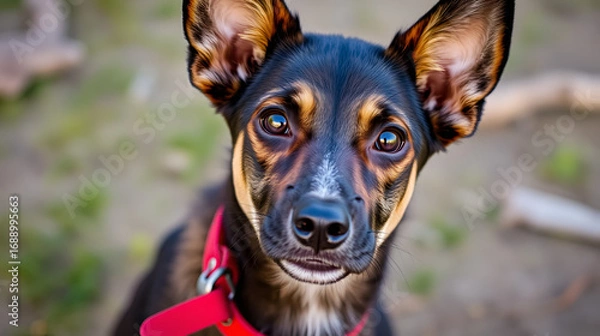 Fototapeta Portrait of Azawakh with a red collar looking at the camera