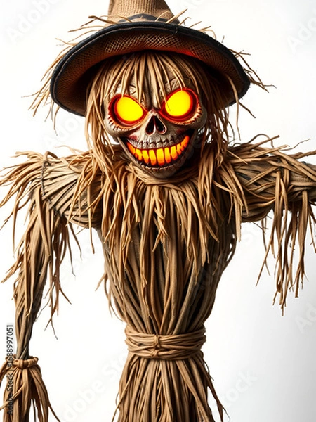Fototapeta Eerie Scarecrow with Glowing Eyes in Straw Costume, Designed to Instill Fear, Perfect for Halloween Decorations and Spooky Scenes, Isolated on Light Background