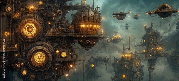 Obraz Futuristic steampunk city with flying platforms and glowing machinery