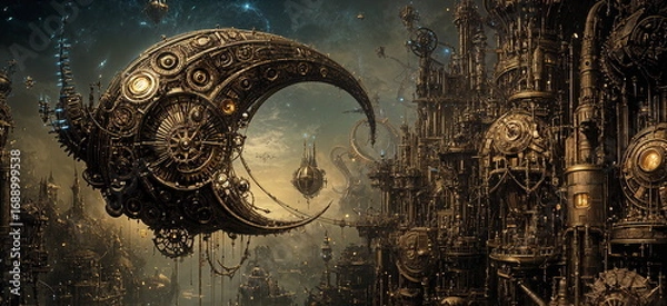 Obraz Complex steampunk city with a giant mechanical crescent moon