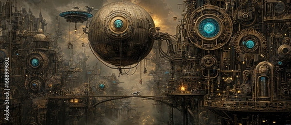 Obraz Massive machinery and floating structures in an industrial steampunk city