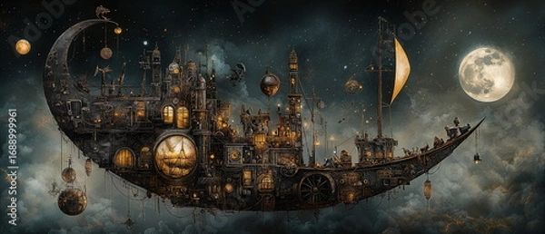Obraz Fantasy steampunk ship shaped like a moon sailing through the sky