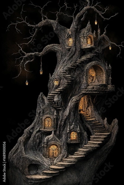 Obraz Fantasy treehouse with stairs and glowing lanterns