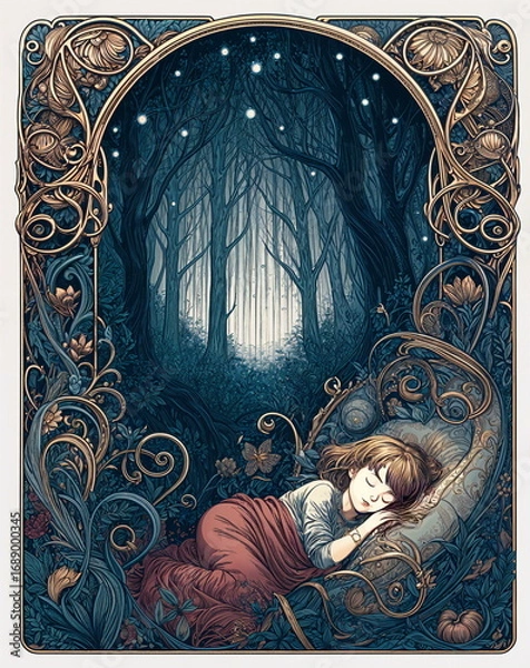 Obraz Sleeping girl in a magical forest surrounded by ornate frame