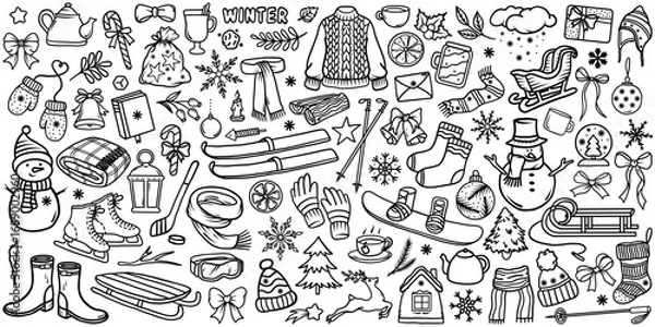 Fototapeta Big Merry Christmas and happy New Year festive vector collection. Different hand drawn doodle elements, Christmas tree, cozy sweater, Winter holidays attributes.