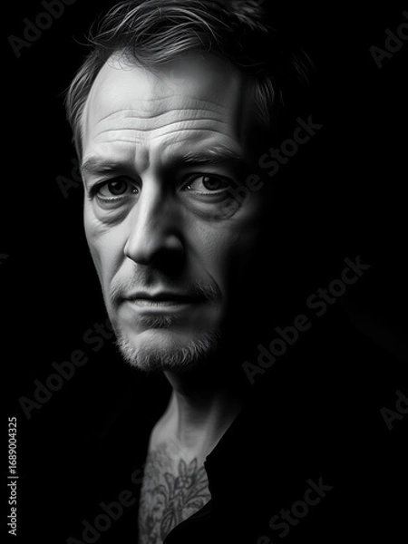 Fototapeta a man in black and white portrait against a dark background