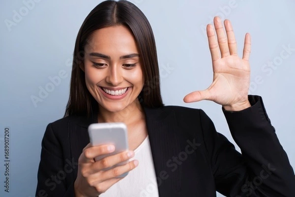Fototapeta Smiling Woman Waving While Viewing Smartphone Screen – Business Connection
