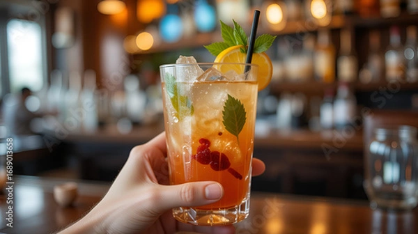 Fototapeta Person holding an invitingly decorated non-alcoholic cocktail glass, with a festive background or a welcoming bar setting
