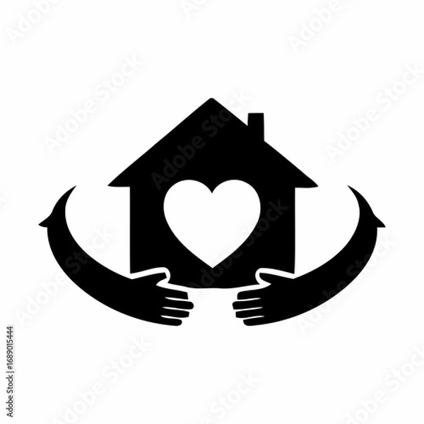 Fototapeta House with heart shape and hands isolated on white background, home care concept