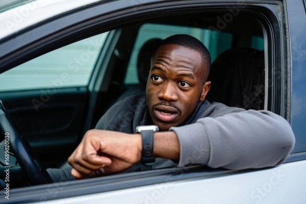Fototapeta Anxious Man Looking at His Wristwatch in Car