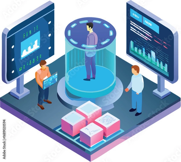Fototapeta Futuristic isometric research lab scene with holographic display and scientific data