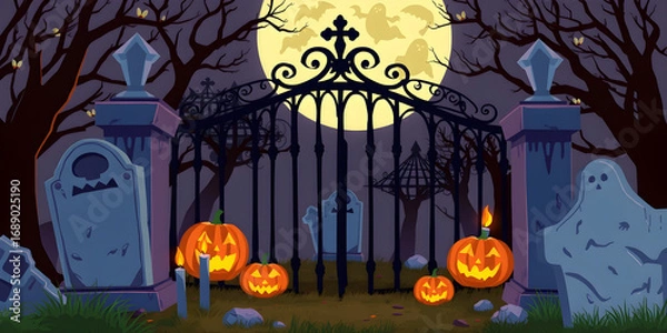 Fototapeta Creepy Halloween Graveyard Gate Illustration with Jack O' Lanterns and Candles