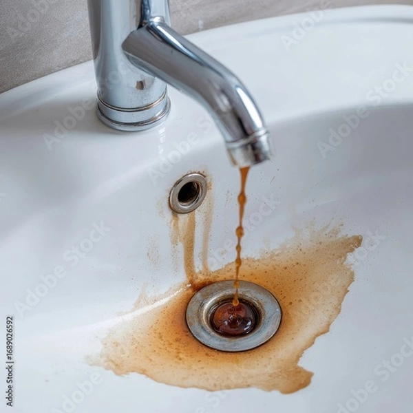 Obraz Rusty water flowing from a chrome faucet into a white ceramic sink staining the basin and drain