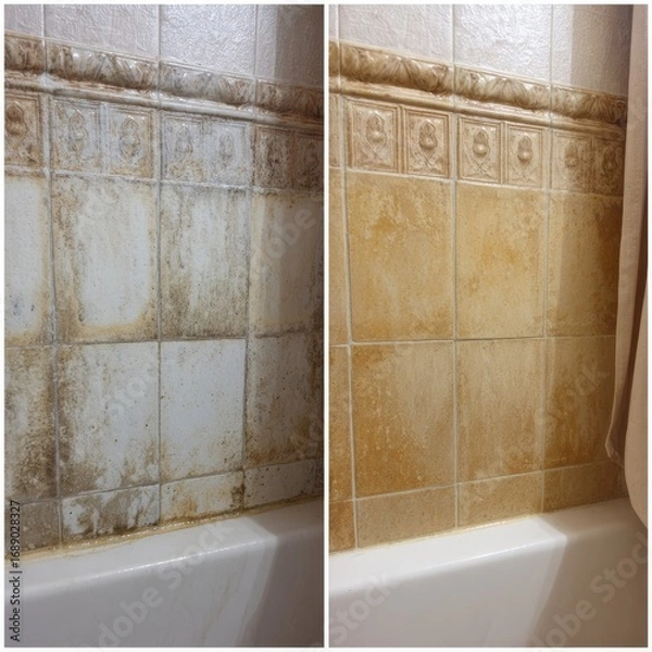 Fototapeta Side by side comparison of dirty bathroom tiles before and after deep cleaning and restoration