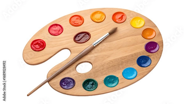 Fototapeta Artist wooden palette with colorful paints and brush isolated on transparent background PNG