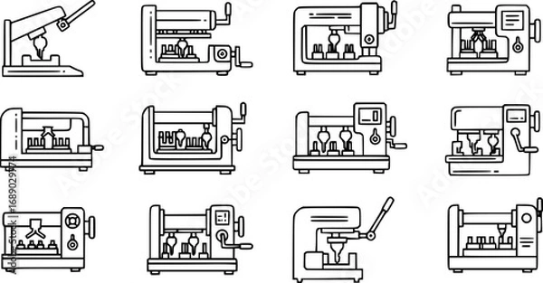 Fototapeta A set of outline vector icons for a key cutting machine.


