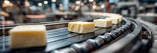 Obraz Conveyor belt transports freshly produced butter blocks at dairy processing facility