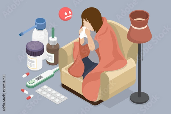 Fototapeta Girl sitting in a chair at home and is sick with the flu, cold, grippe. Woman has cough, runny nose, fever and other influenza symptoms. 3d flat isometric vector illustration.